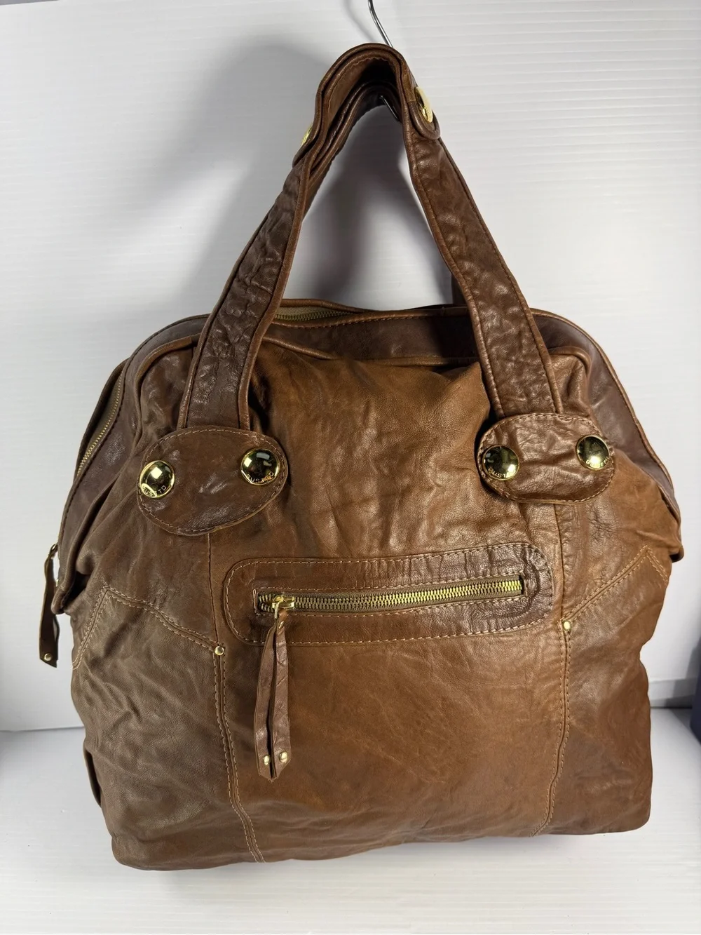 Gussto Sitella Brown Leather Shoulder Bag with Gold Accents